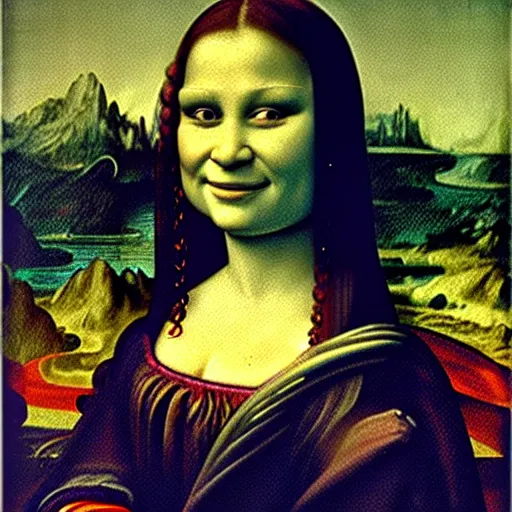 Image similar to A portrait of Shrek!!!! in the style of the Mona Lisa, by Leonardo Da Vinci, chiaroscuro, museum catalog photography,