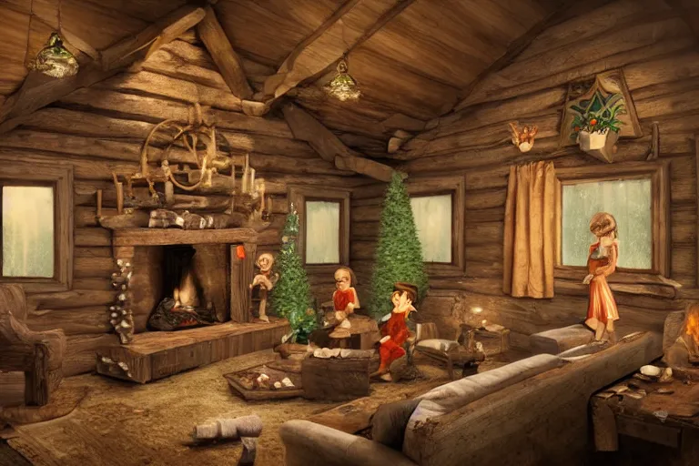 Prompt: wooden cottage, living room, elves sitting on the couch, traditional fireplace, concept art