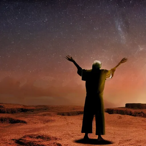 Image similar to film still of 80 year old stunned Mediterranean skinned man in ancient Canaanite looking up at the nightime sky, star filled background, Biblical epic movie