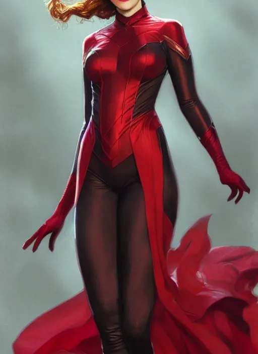 Prompt: Scarlet Witch, full body portrait,slight smile, highly detailed, digital painting, artstation, concept art, sharp focus, illustration, art by wlop and J. C. Leyendecker and Edmund Bliar Leighton and Charlie Bowater