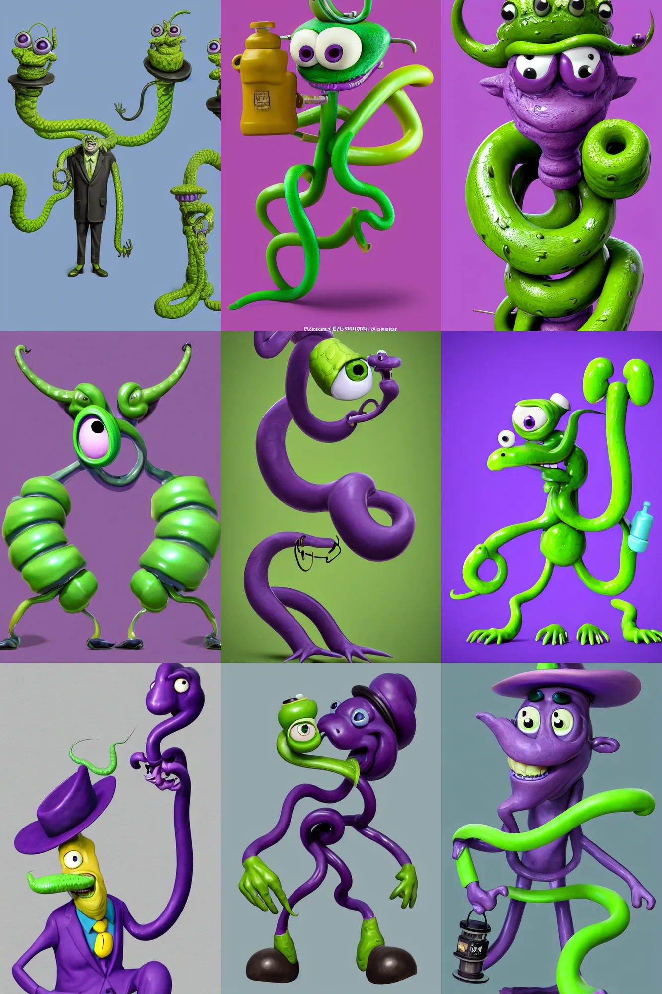 Prompt: anthropomorphic kawaii purple green cowboy snake oil salesman mascot, character design by Disney and Pixar, composition by Basil Wolverton and Ed Roth, sculpted in zbrush, minimal, Uncle Aloysius, dystopian, big eyes with eyelashes and twirly moustache, piston pumps of oil rig with bull horns, extremely detailed, digital painting, artstation, concept art, sharp focus, illustration, chiaroscuro lighting, golden ratio, rule of thirds, fibonacci