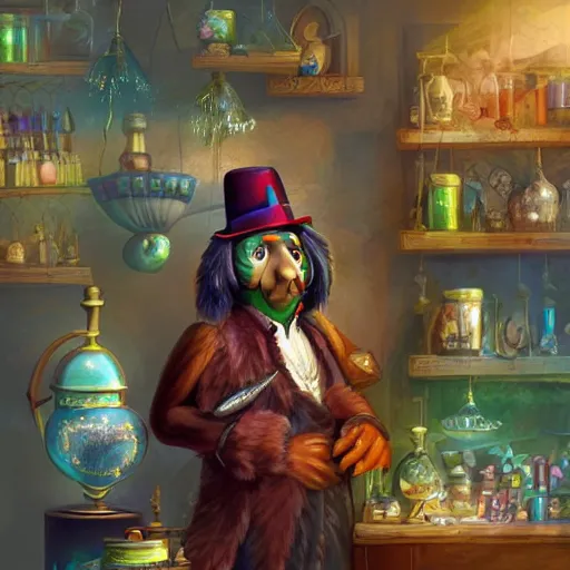 Image similar to Anthropomorphized parrot trader in his shop, selling a gem, portrait, items, magic potions, carpet, window, fancy hat, sly expression , cunning expression, cute expression, presenting magic gem, D&D, fantasy, cinematic lighting, highly detailed, digital painting, artstation, concept art, smooth, sharp focus, illustration, warm light, cozy warm tint, magic the gathering artwork, volumetric lighting, 8k, no gold, no gold colours, art by Akihiko Yoshida, Greg Rutkowski