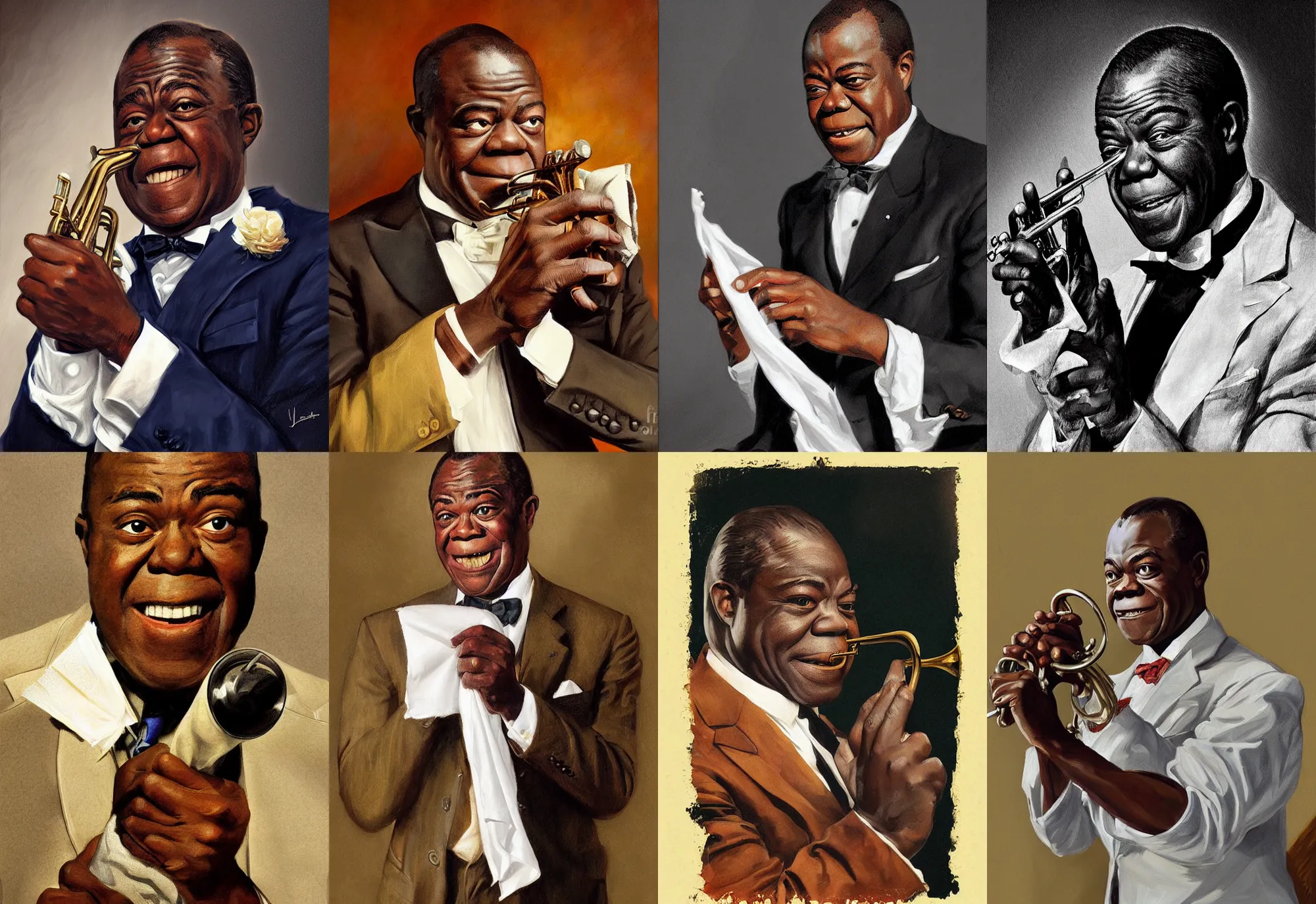 Prompt: a portrait of louis armstrong holding a white handkerchief, by joseph christian leyendecker, dramatic lighting, highly detailed digital painting