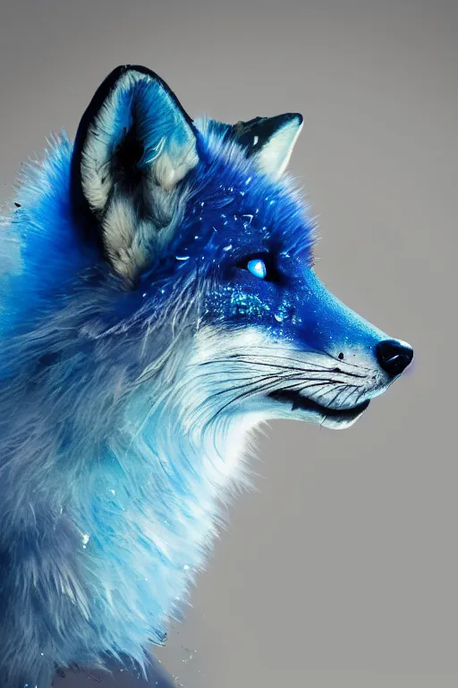 Prompt: A fancy portrait of a blue crystalized fox by Greg Rutkowski, beeple, Sung Choi, Mitchell Mohrhauser, Maciej Kuciara, Johnson Ting, Maxim Verehin, Peter Konig, final fantasy, macro lens, 35mm, 8k photorealistic, cinematic lighting, HD, high details, dramatic, dark atmosphere, trending on artstation