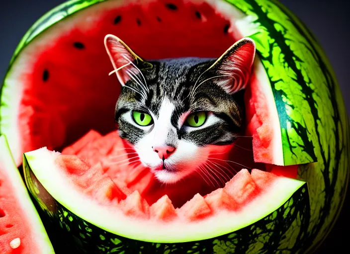 Image similar to photo of a cat wearing a helmet made of a watermelon. fantasy horror style. highly detailed 8 k. intricate. lifelike. soft light. nikon d 8 5 0 5 5 mm. dof. cinematic post - processing.