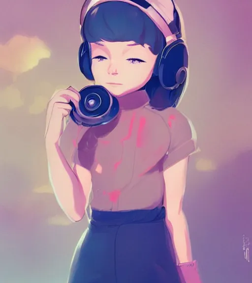 Image similar to beautiful little girl character inspired by 9 0's fashion and by madeline from celeste, art by rossdraws, wlop, ilya kuvshinov, artgem lau, sakimichan and makoto shinkai, concept art, headphones, anatomically correct, very coherent