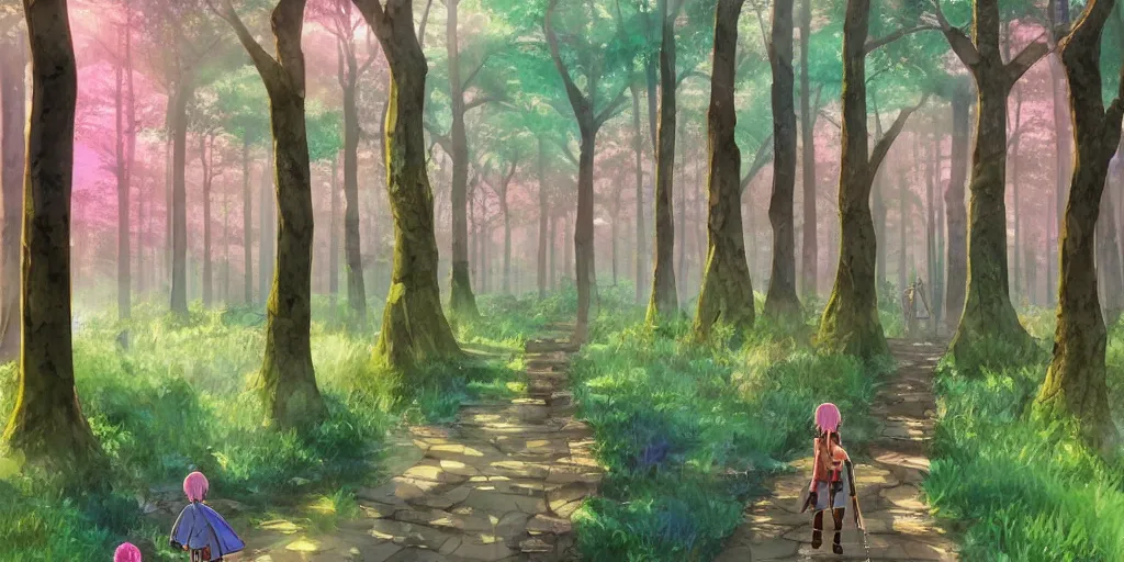 Image similar to path through a wide forest, modern contemporary, lanterns. watercolor art, expansive cinematic view, volumetric shading, intricate and detailed, highly saturated colors. breath of the wild style, by hayao miyazaki ghibli!!!. pastel!! pink!! accents. trending on artstation. award winning