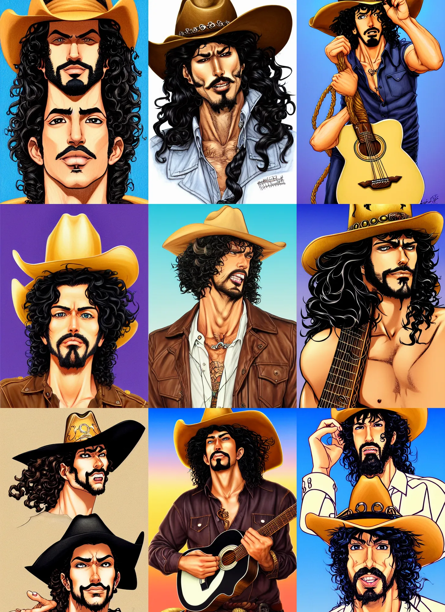 Prompt: illustration of a handsome!! man with long black curly hair + tan skin + anchor goatee, guitar | wearing a cowboy hat | art by hirohiko araki & jean giraud & artgerm & jack kirby | artstation, character design, concept art, full body, digital painting | intricate, high detail, smooth, sharp focus
