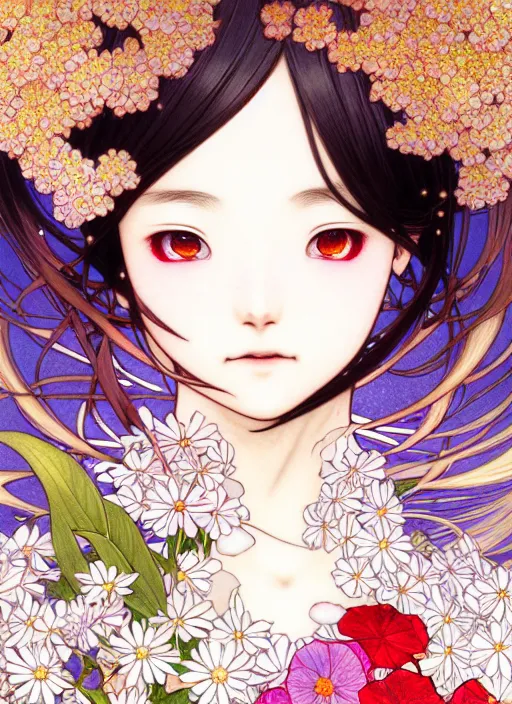 Prompt: exquisite imaginative manga portrait art of vampries girl, flowers, pearlescent, shimmering, reflective, rim light, clear face, detailed background, by kojima ayami, shigenori soejima, minaba hideo, alphonse mucha, art nouveau, illustration, pivix, concept art, highly detailed, colorful, maximalist