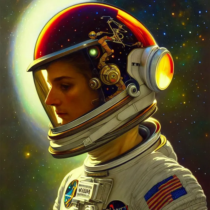 Image similar to astronaut with psychedelic reflections on helmet, diffuse lighting, fantasy, intricate, elegant, highly detailed, lifelike, photorealistic, digital painting, artstation, illustration, concept art, smooth, sharp focus, art by John Collier and Albert Aublet and Krenz Cushart and Artem Demura and Alphonse Mucha