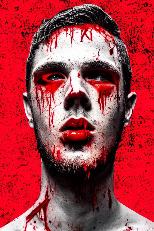 Prompt: guy covered with blood in his face - aesthetic, 4 k, comfort posse, acrylic paint style, pencil style, torn cosmo magazine style, pop art style, ultrarealism, by mike swiderek, jorge lacera, ben lo, tyler west