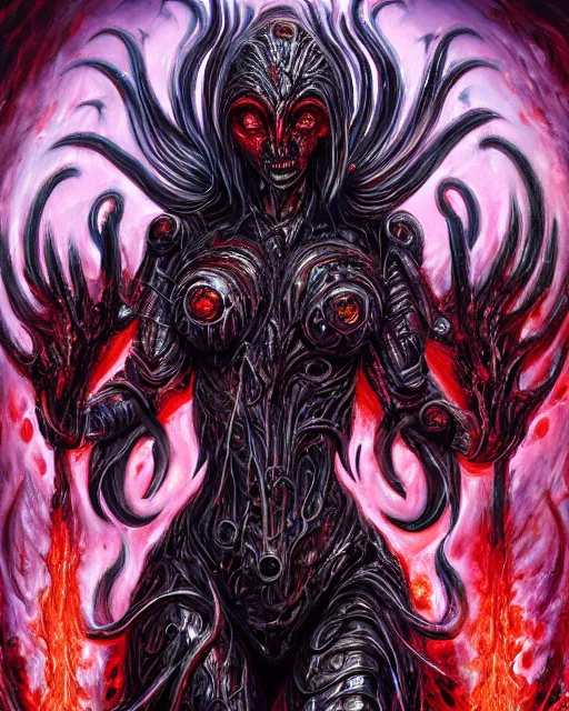 Image similar to charred bloody fleshmetal cyborg daemonhost woman psychedelic flamer of tzeentch, by antonio j. manzanedo, alex grey, android jones, wayne barlowe, philippe druillet, raymond swanland, cyril rolando, josephine wall, harumi hironaka, cronenburg, trending on artstation