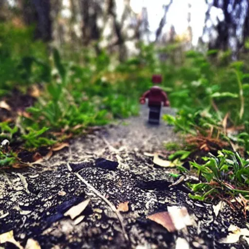 Prompt: “Lego figure caught running past a trail cam, midnight horror”