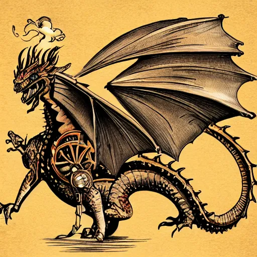 Prompt: a dragon with steam punk machine on it's side, book illustration