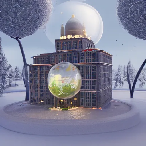 Prompt: a snow globe with a soviet apartemnt building in it, a computer rendering by leandro erlich, trending on cgsociety, retrofuturism, tesseract, isometric, physically based rendering