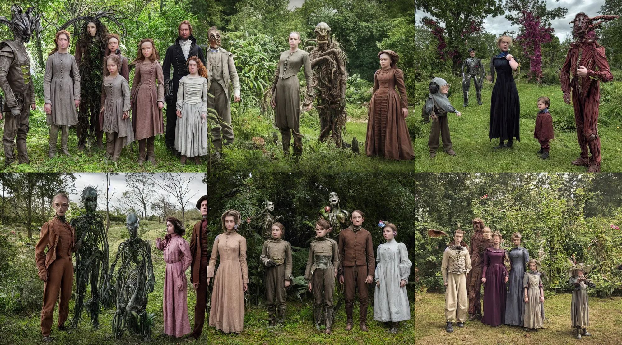 Prompt: still from a sci fi blockbuster movie made in 2022, set in 1860, of a family standing next to some strange wild alien plants and flowers, family are wearing 1850s era clothes, a humanoid alien standing nearby, in a park on a strange alien planet, good lighting, 8k, in focus faces, good photography, oscar winner