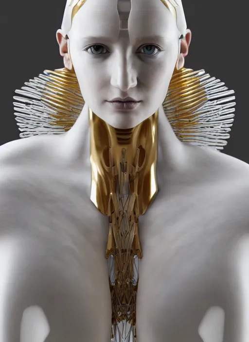 Prompt: a statue made of white marble with gold veins, of an gorgeous futuristic cybernetic angel girl, prostheses, transhumanism, full body shot, perfect symmetrical body, perfect symmetrical face, hyper realistic, hyper detailed, by johannen voss, by peter kemp, by monia merlo, by michelangelo, octane render, blender, 8 k