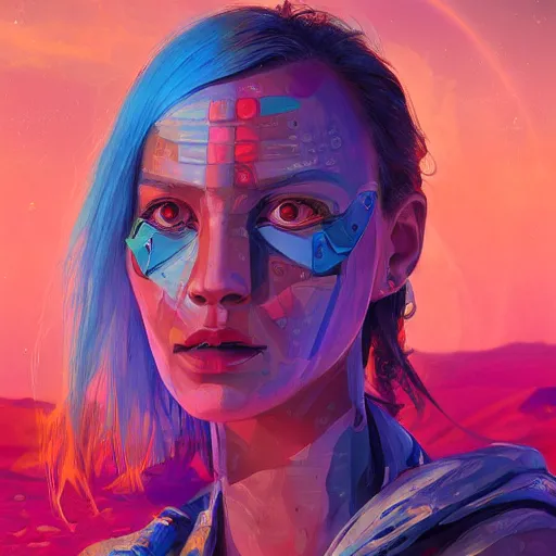 Image similar to colorful character portrait of a woman in the desert at night among the stars, set in the future 2 1 5 0, highly detailed face, very intricate, symmetrical, cinematic lighting, award - winning, painted by mandy jurgens, pan futurism, dystopian, bold colors, dark vibes, cyberpunk, groovy vibe, anime aesthetic, featured on artstation