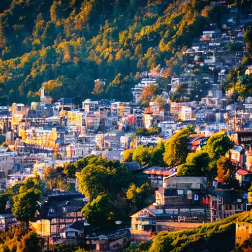 Image similar to city on a cliff, small city on hillside cliff, golden hour