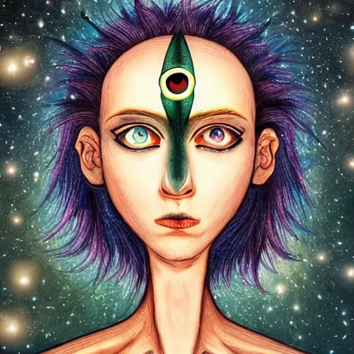 Image similar to two three eyed goddesses, third eye in middle of forehead, long necks, very wide shot, very !hairy bodies, beautiful colors, eye in forehead, beautiful lighting, very detailed, eyes reflecting into eyes reflecting into infinity