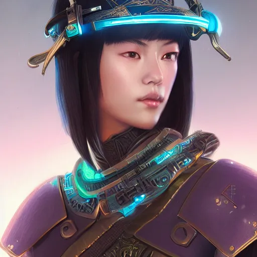 Image similar to closeup of a young cyberpunk samurai lady wearing a visor D&D, fantasy, intricate, elegant, highly detailed, digital painting, artstation, concept art, matte, sharp focus, illustration, hearthstone, art by Artgerm and Greg Rutkowski and Alphonse Mucha