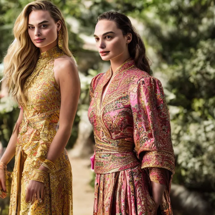 Prompt: portrait of margot robbie and gal gadot wearing southeast asian traditional dress, by charlotte grimm, natural light, detailed face, canon eos c 3 0 0, ƒ 1. 8, 3 5 mm, 8 k, medium - format print