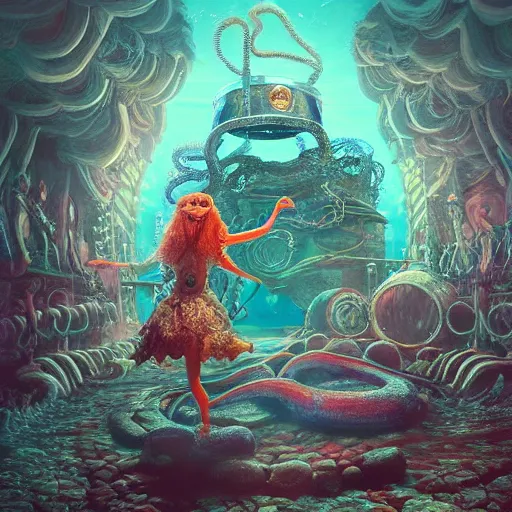 Image similar to dystopian fantasy undersea rock concert. On stage, the drummer is squid woman with tentacles playing a big rock&roll drum kit, by Philipp A. Urlich and Pengzhen Zhang an Andreas Rocha, fantasy, intricate, elegant, highly detailed, digital painting, artstation, blender, unreal engine 5, octane render, smooth, sharp focus, illustration