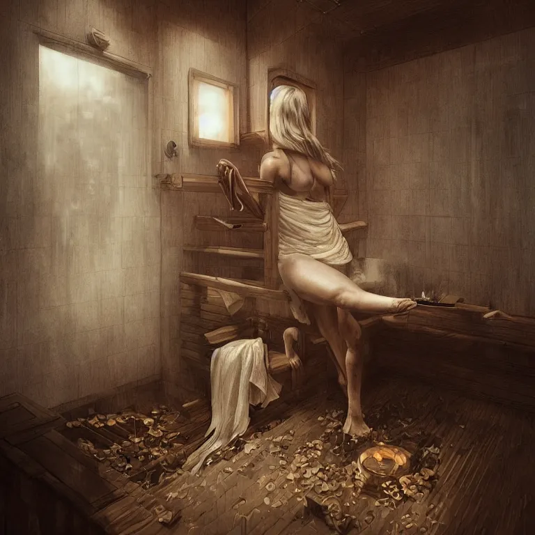 Prompt: muse in sauna, 3 d render, dark art, highly detailed, intricate, artgerm, greg rutkowski