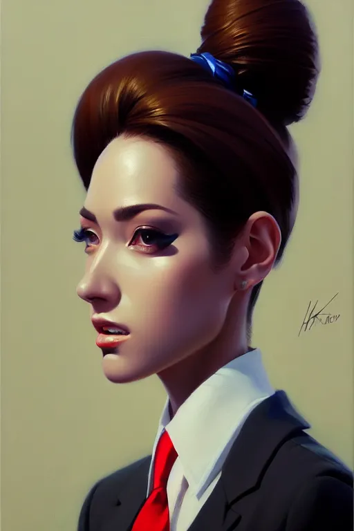 Image similar to a ultradetailed beautiful panting of a stylish woman wearing a oversized suit with a tie, oil painting, by ilya kuvshinov, greg rutkowski and makoto shinkai, trending on artstation