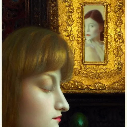 Image similar to a beautiful girl's face made of ivory and gold filigree, vintage photo by edward hopper, by Bosch, by klimt, art noveau, highly detailed, strong lights, liminal, eerie, Bright pastel colors, octane render, 8k,