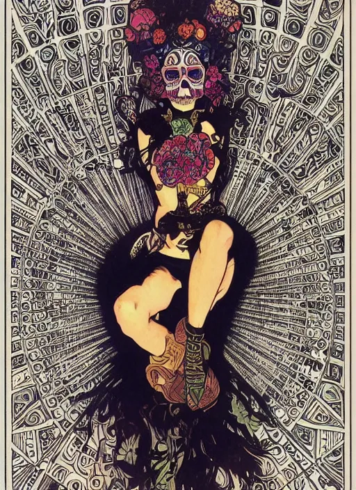 Image similar to realistic detailed psychedelic poster art of a cute punk goth fractal Día de los Muertos girl posing by Victor Moscoso Rick Griffin Alphonse Mucha Jamie Hewlett Moebius, masterpiece