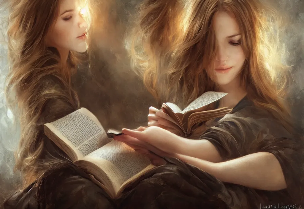 Image similar to a girl reading a book, hair flowing down, 8 k, hyperrealistic, hyperdetailed, fantasy portrait by laura sava