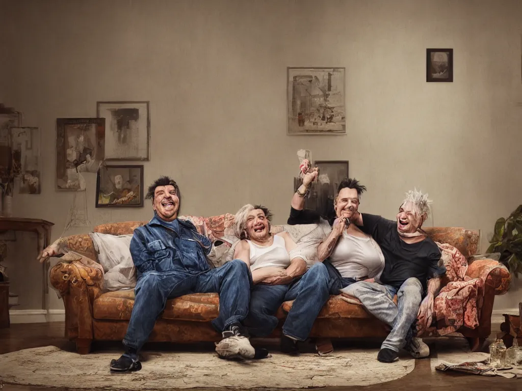 Prompt: extremely detailed digital painting of till lindemann sits on the couch with grandmother both laughing by handoga, stunning scene, 4 k, realism, bright colors, trending on artstation