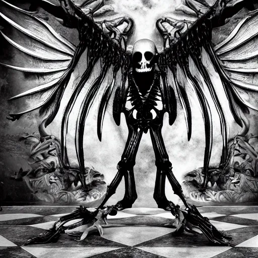 Prompt: Black and white photograph of a big white tall skeleton with wings and horns on the backrooms, 4K, highly detailed, surrealist, weird, strange, uncanny, odd, eerie, mysterious