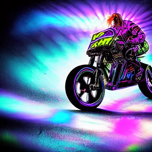 Image similar to psychedelic blacklight neon airbrush artwork, motorcycle, hyper stylized cinematic action shot of an orc racing on a motorcycle, motogp, menacing orc, drifting, skidding, popping a wheelie, clear focused details, soft airbrushed artwork, black background, post apocalypse, cgsociety, artstation, peter lloyd art, peter palombi art