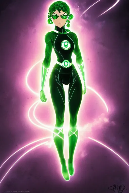 Image similar to anime key visual of a beautiful young female green lantern!! intricate, green and black suit, glowing, powers, dc comics, cinematic, stunning, highly detailed, digital painting, artstation, smooth, hard focus, illustration, art by artgerm and greg rutkowski and alphonse mucha