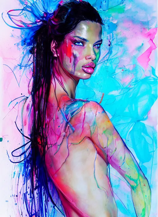 Prompt: sexy gorgeous adriana lima in short by agnes cecile, view from back sitting on a stool, bent - over posture, half body portrait, extremely luminous bright design, pastel colours, ink drips, autumn lights