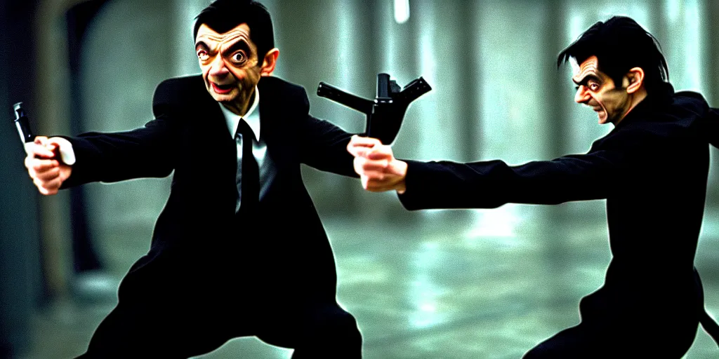 Image similar to hyper realistic, production still of neo ( ( mr. bean ) ) in the movie, the matrix ( 1 9 9 9 ), in an action fight sequence, 4 k, highly detailed, anamorphic