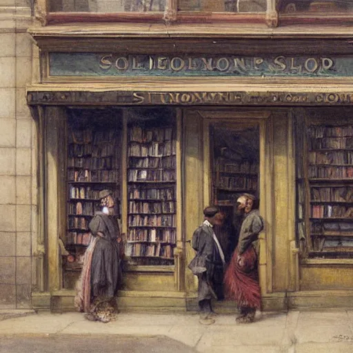 Image similar to jean-Baptiste Monge and Solomon Joseph Solomon and Richard Schmid and Jeremy Lipking victorian genre painting painting of an english 19th century english bookshop store front on a stone city streat with shops and stores