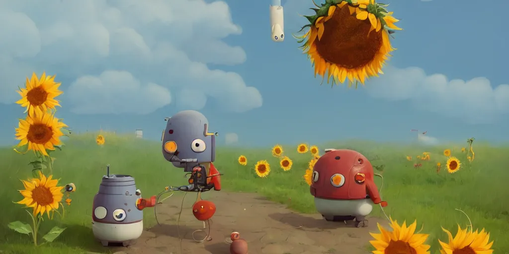 Prompt: Cute cartoon characters and sunflowers by Goro Fujita and Simon Stalenhag , 8k, trending on artstation, hyper detailed, cinematic