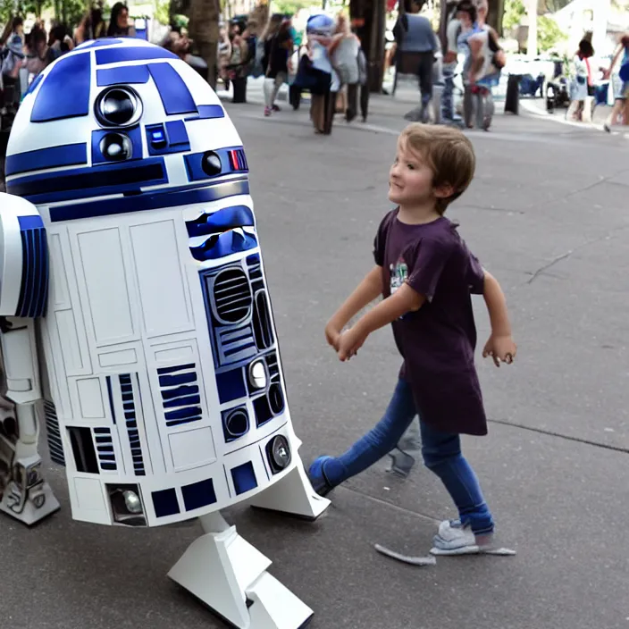 Image similar to r 2 d 2 walking around town with arms and legs