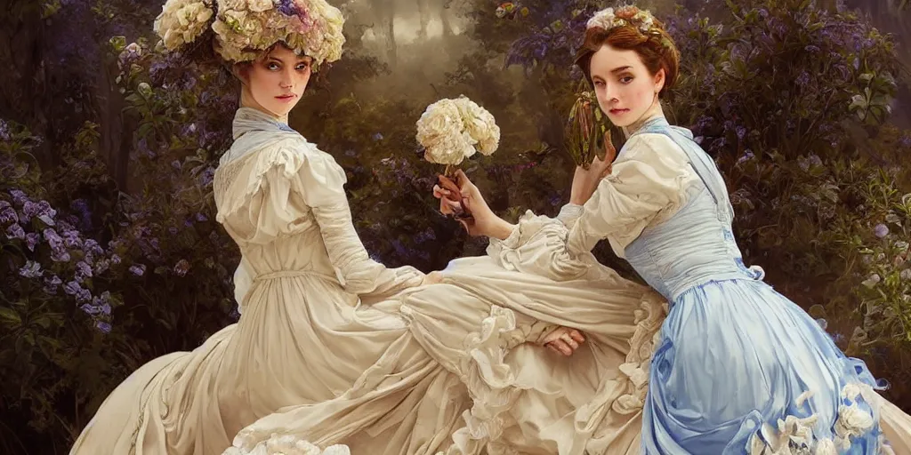 Image similar to lady dressed in a vaporous wrapped large victorian cream roses silk semi-transparent blue and cream dress fashion is running D&D, fantasy, intricate, elegant, highly detailed, digital painting, artstation, concept art, matte, sharp focus, illustration, art by Artgerm and Greg Rutkowski and Alphonse Mucha