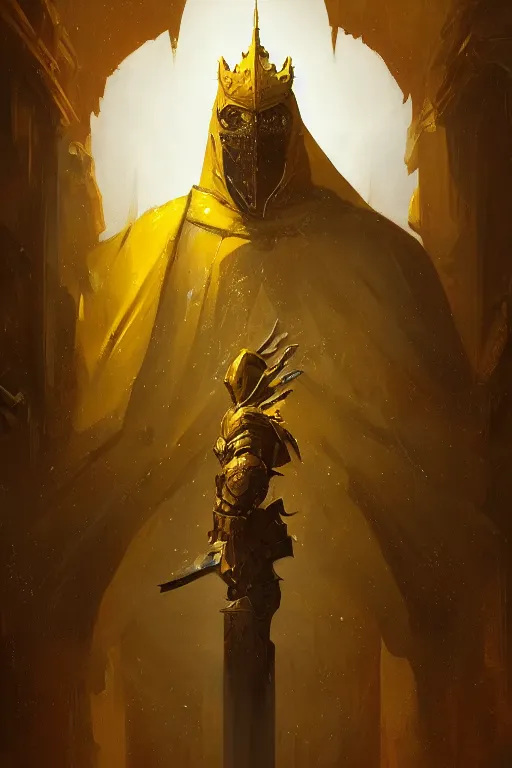 Prompt: A closeup of a yellow holy knight by Greg Rutkowski, Dan Mumford, Christophe Vacher, 4k photorealistic, volumetric lighting, HD, high details, dramatic, hdr, trending on artstation