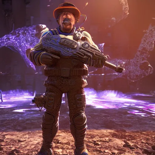 Image similar to ( ( albert einstein as willy wonka ) ) in gears of war, splash art, movie still, cinematic lighting, dramatic, octane render, long lens, shallow depth of field, bokeh, anamorphic lens flare, 8 k, hyper detailed, 3 5 mm film grain