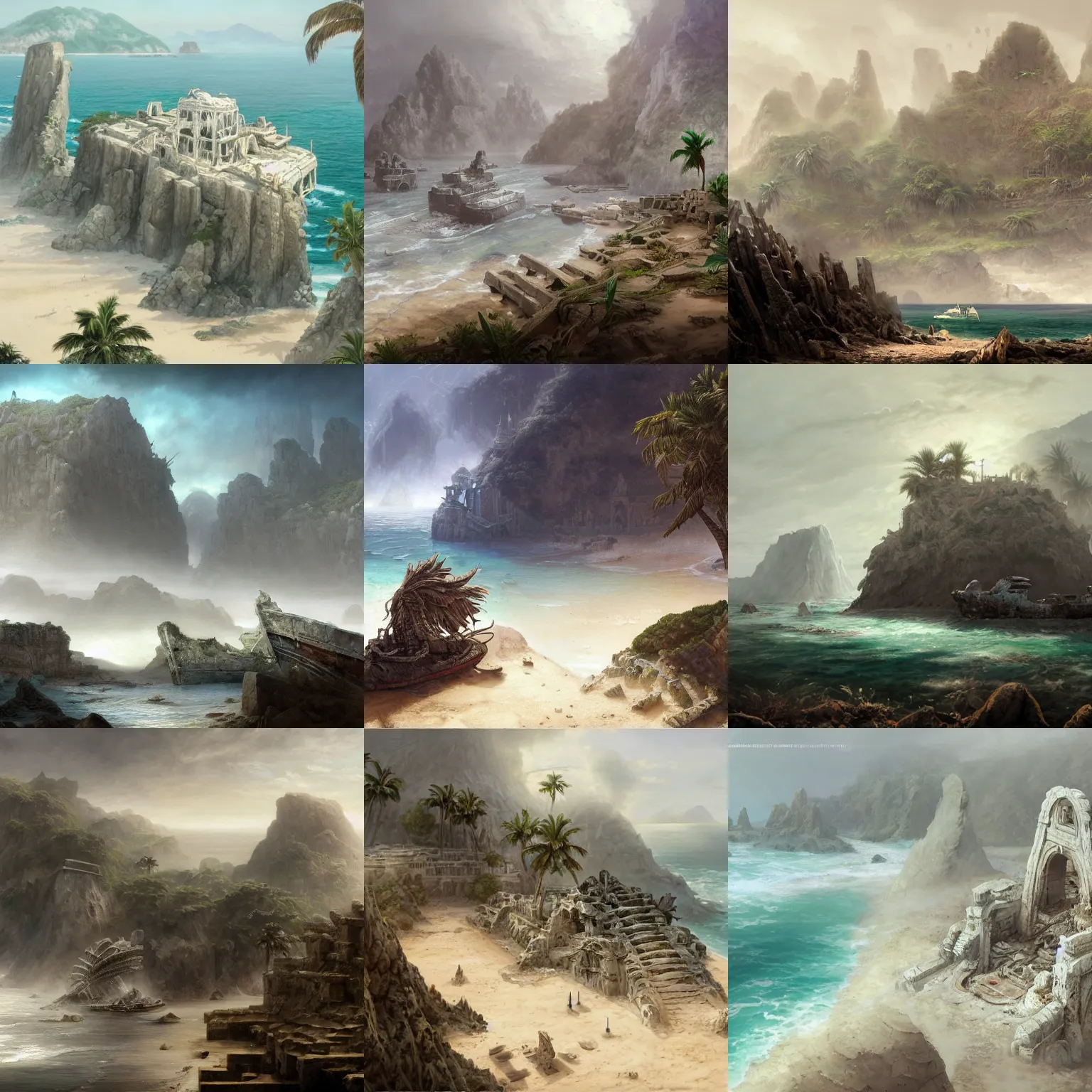 Prompt: white ancient ruins with boat shipwreck and spiky mountains and palms and on the foggy beach wrapped in fog, isometric view, highly detailed, digital painting, artstation, concept art, smooth, sharp focus, illustration, artstation, art by giger and greg rutkowski and hikari shimoda and edmund blair leighton and charlie bowater