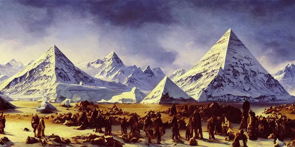 Prompt: Antarctica with pyramids, oil painting, highly detailed, artwork, in style of Albert bierstadt