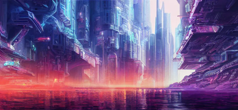 Prompt: beautiful masterpiece painting of a futuristic city under the sea, cyberpunk, digital art 8k,