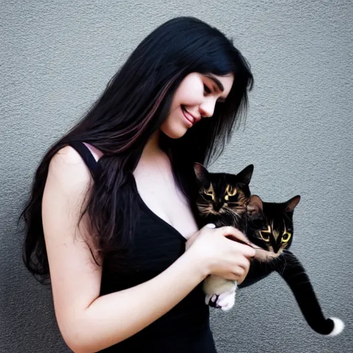 Prompt: a young adult woman with long dark hair, big and shiny black eyes and her tabby cat, a stock photo by juan villafuerte, pexels contest winner, high quality photo, rtx, hd, tumblr contest winner, anime, pretty, sensual