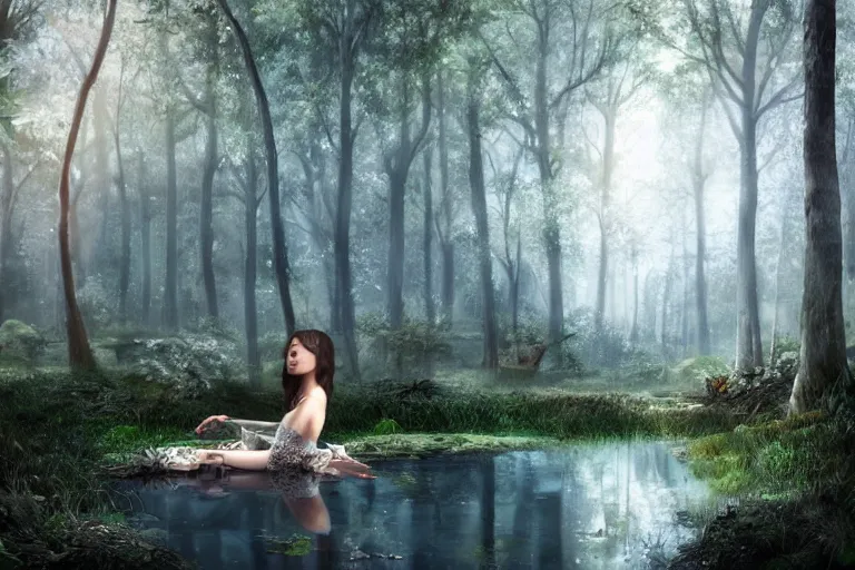 Prompt: beautiful woman staring at her reflection on a pond in a secret forest, very detailed, hyper realistic, matte painting, trending on artstation and deviantart