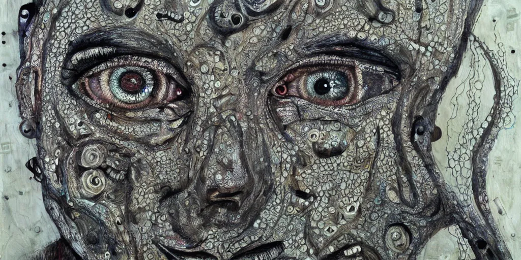 Image similar to camo of eyes, technical, acrylic, teeth, eerie, tribal, clay, dots, lines, stipple, points, grid, cybernetic, old painting, francis bacon, swirly eyes, hypnosis, eerie, sharp